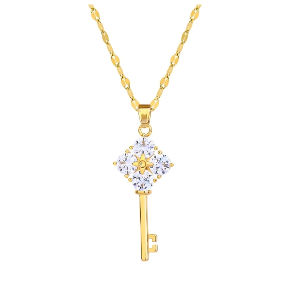 Elegant Gold Plated Key Pendant Necklace. Fashion Jewelry. New.